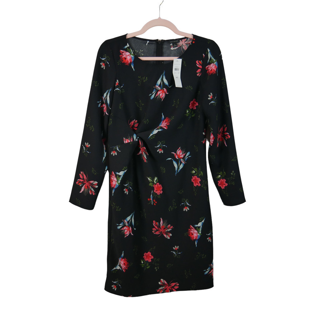 Ann Taylor NWT Garden Floral Black Knotted Shift Dress Size 4 Tall - Picture 2 of 8